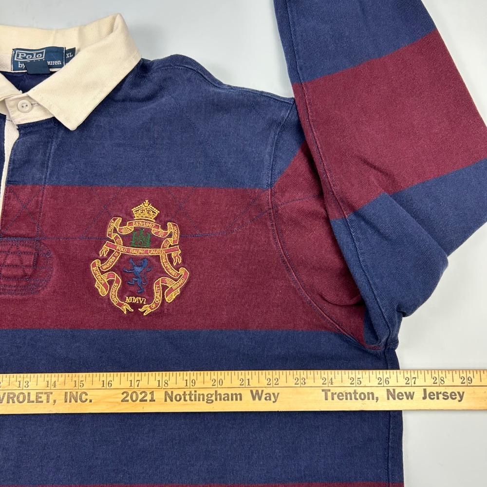 Polo Ralph Lauren Mens XL Rugby Shirt Blue Burgundy Striped Crest Lion Crested - Picture 7 of 11